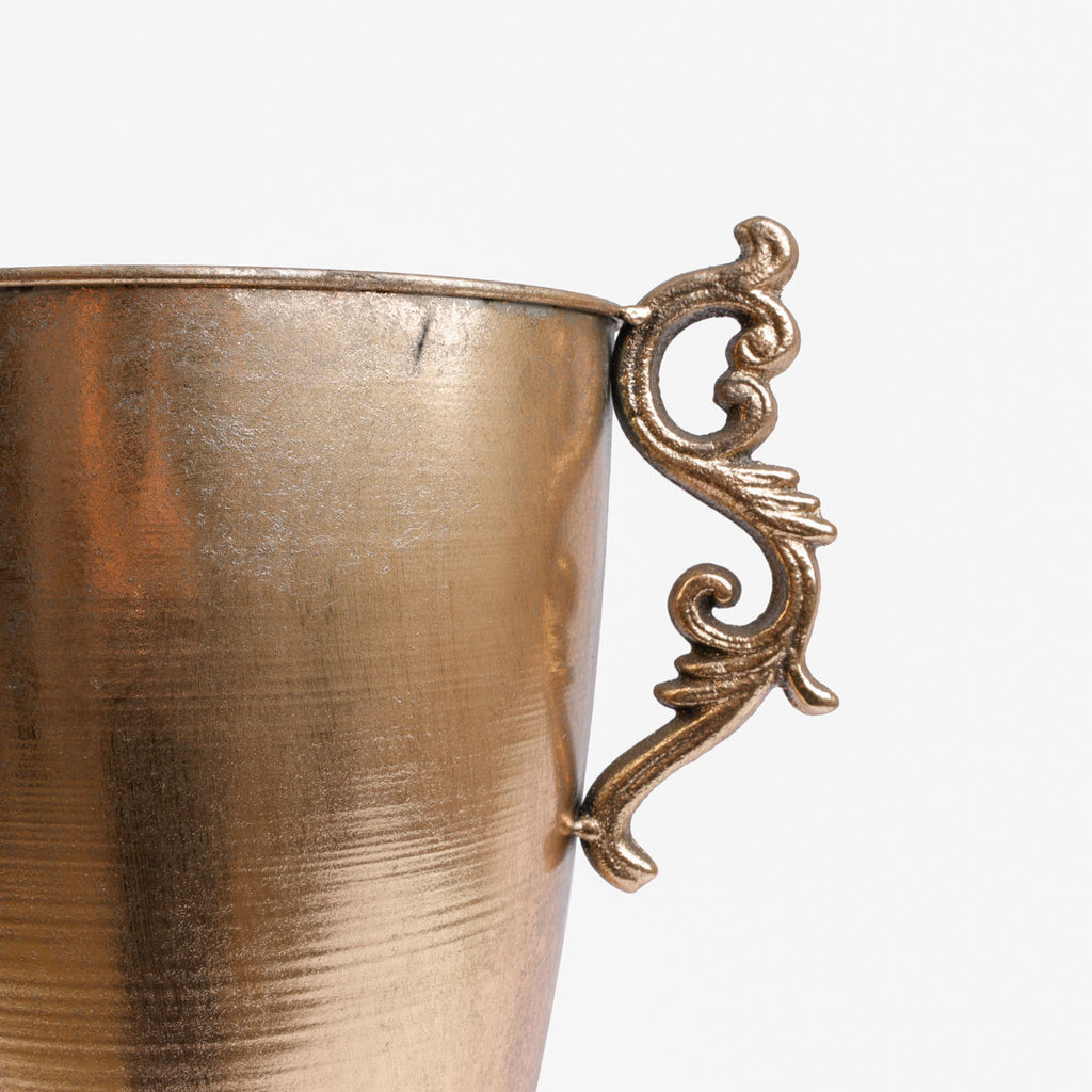 Medallion Gold Metal Planters With Handles Large Handle Closeup