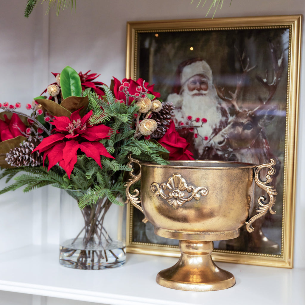 Medallion Gold Metal Planters with Handles Styled On A White Bookcase.