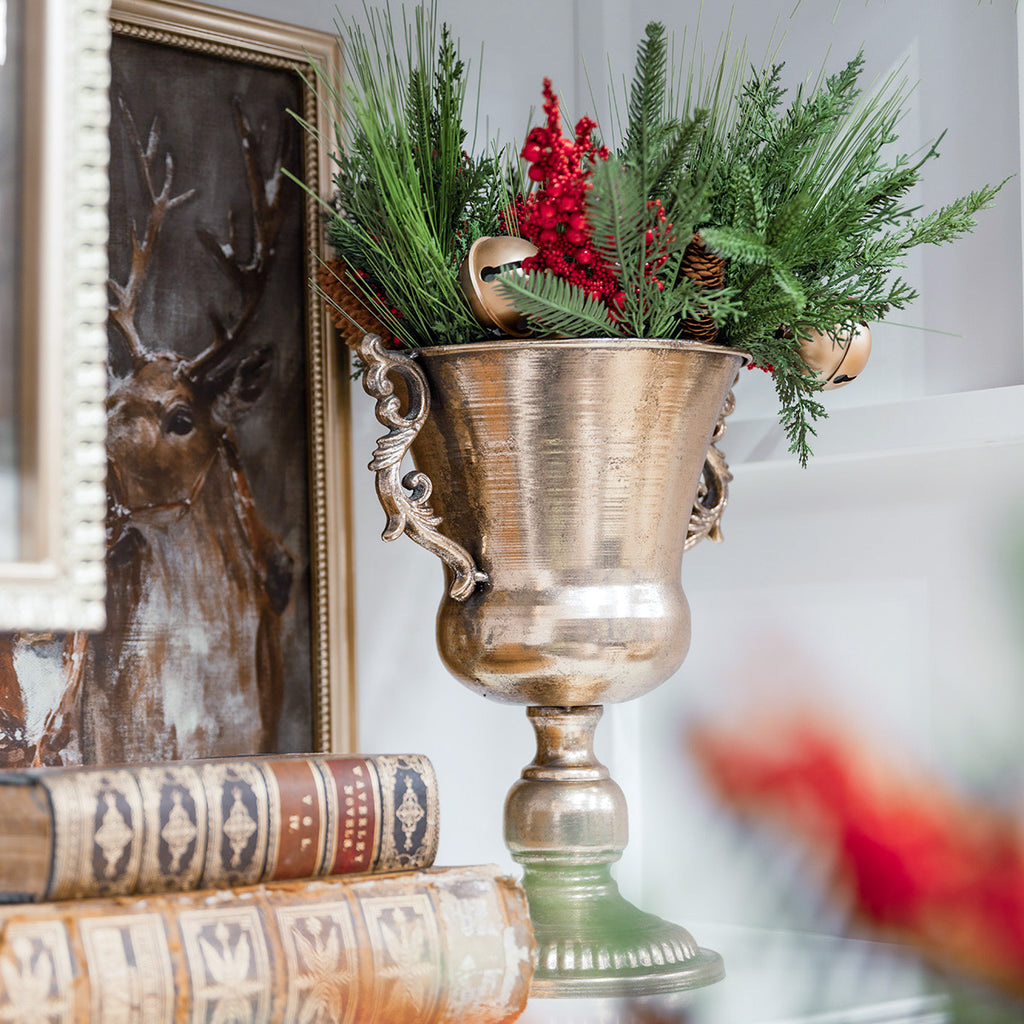 Medallion Gold Metal Planters With Handles Medium On White Bookcase With Red Berry Foliage.