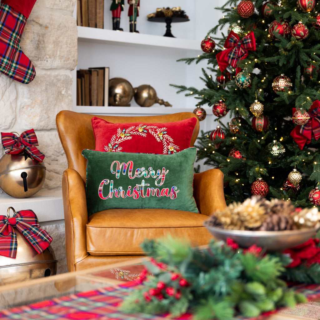 Merry Christmas Velvet & Tartan Cushion Cover (Green) Styled on Armchair with Christmas Tree