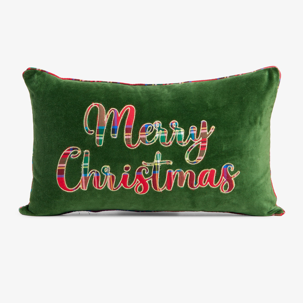 Merry Christmas Velvet & Tartan Cushion Cover (Green) Front View