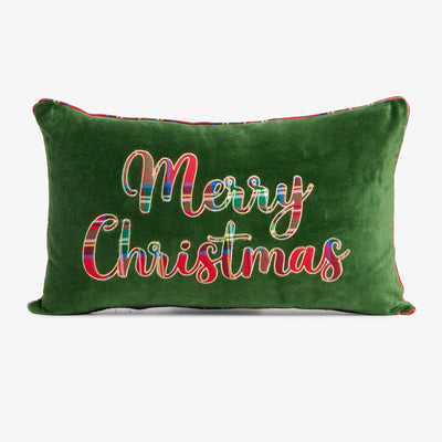 Merry Christmas Velvet & Tartan Cushion Cover (Green) Front View