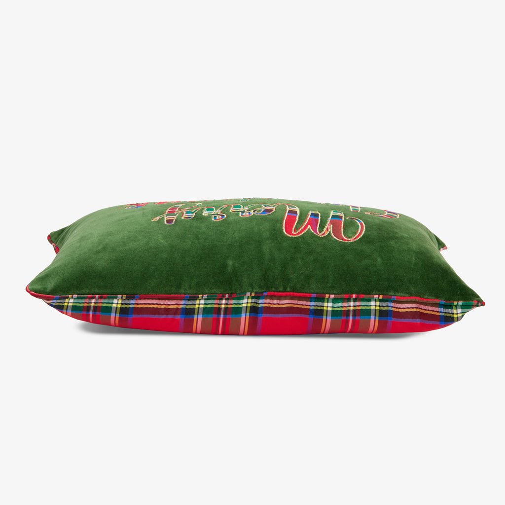 Merry Christmas Velvet & Tartan Cushion Cover (Green) Side View
