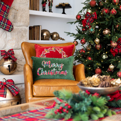 Merry Christmas Velvet & Tartan Cushion Cover (Green) Styled on Armchair with Christmas Tree