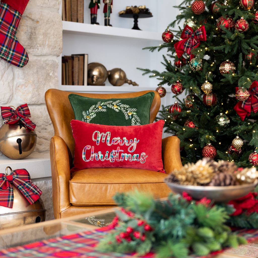 Merry Christmas Velvet & Tartan Cushion Cover (Red) Styled on Armchair with Christmas Tree Behind