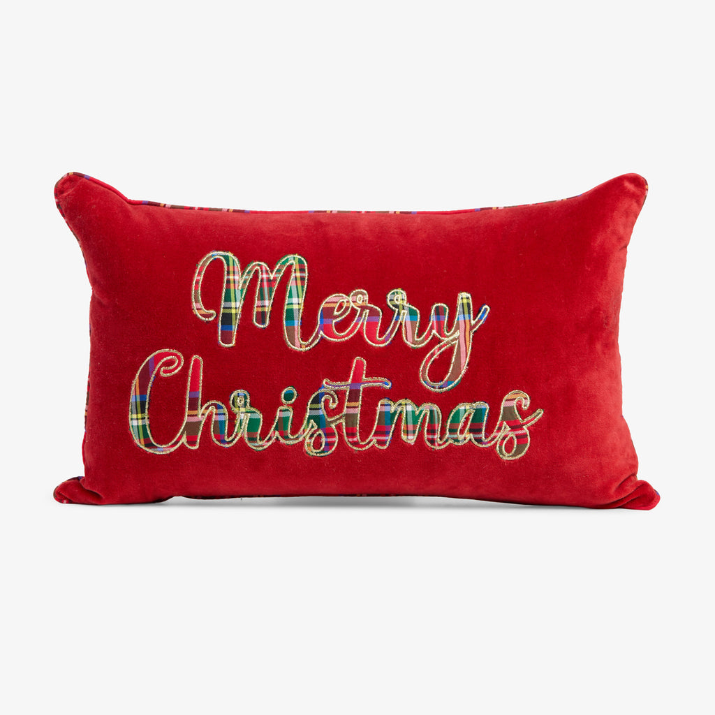 Merry Christmas Velvet & Tartan Cushion Cover (Red) Front View