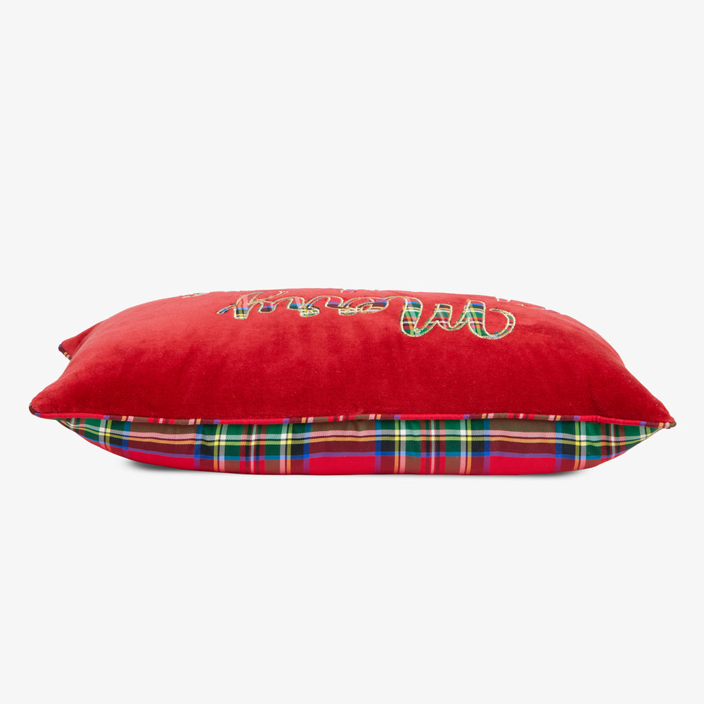 Merry Christmas Velvet & Tartan Cushion Cover (Red) Side View