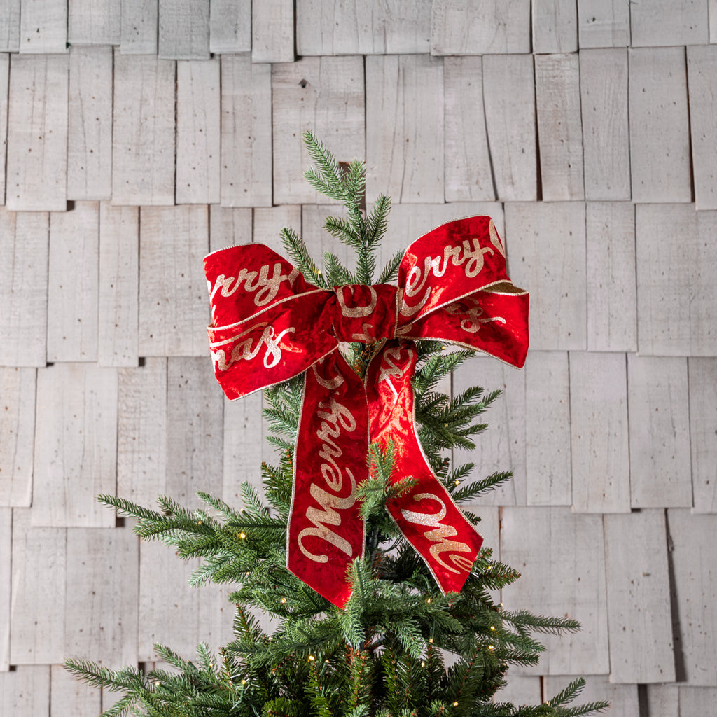 Merry Christmas Wire Velvet Ribbon (Red & Gold) Styled on Christmas Tree in Bow