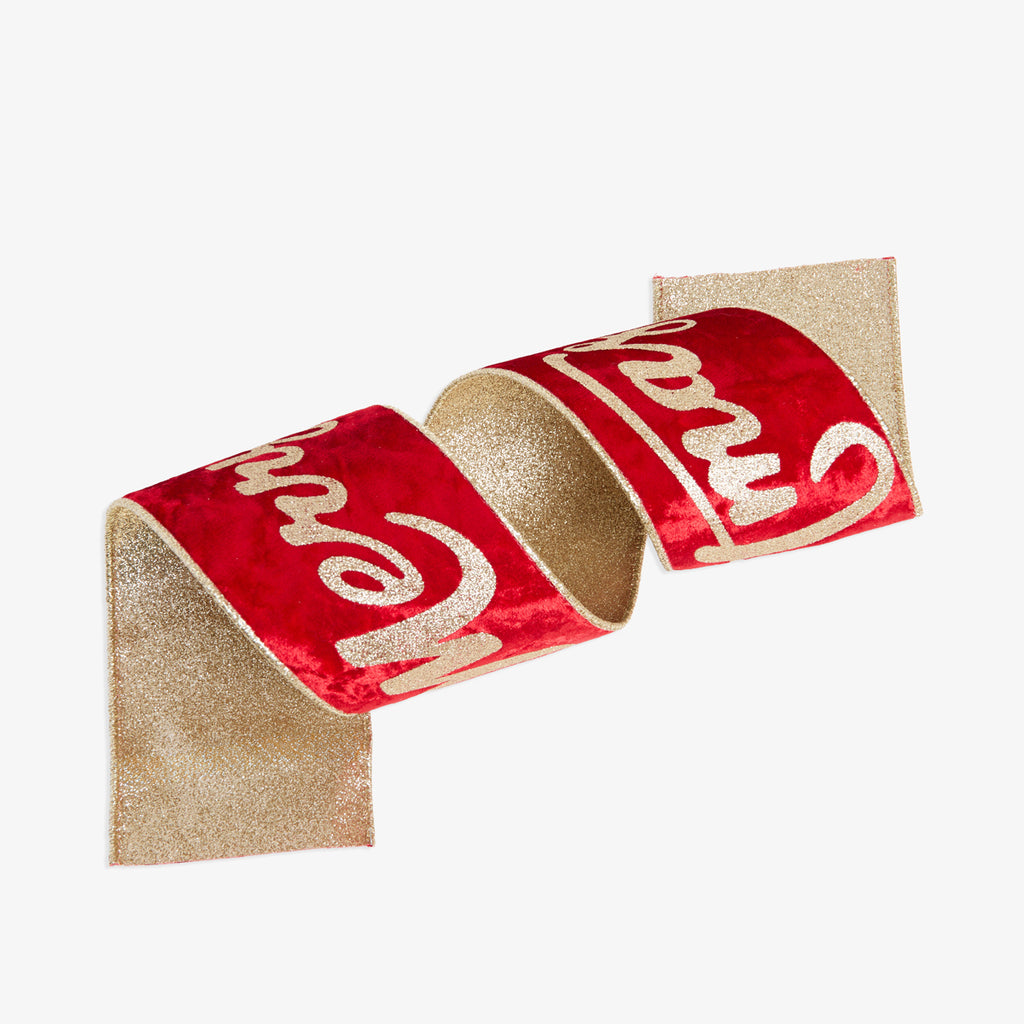 Merry Christmas Wire Velvet Ribbon (Red & Gold) Front View