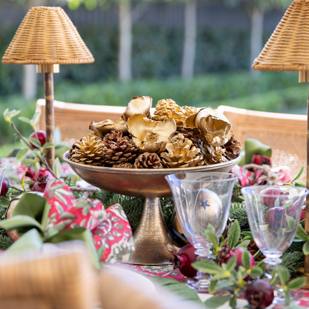Metal Pedestal Tray On Stand (Gold) Styled on Dining Table with Pinecones