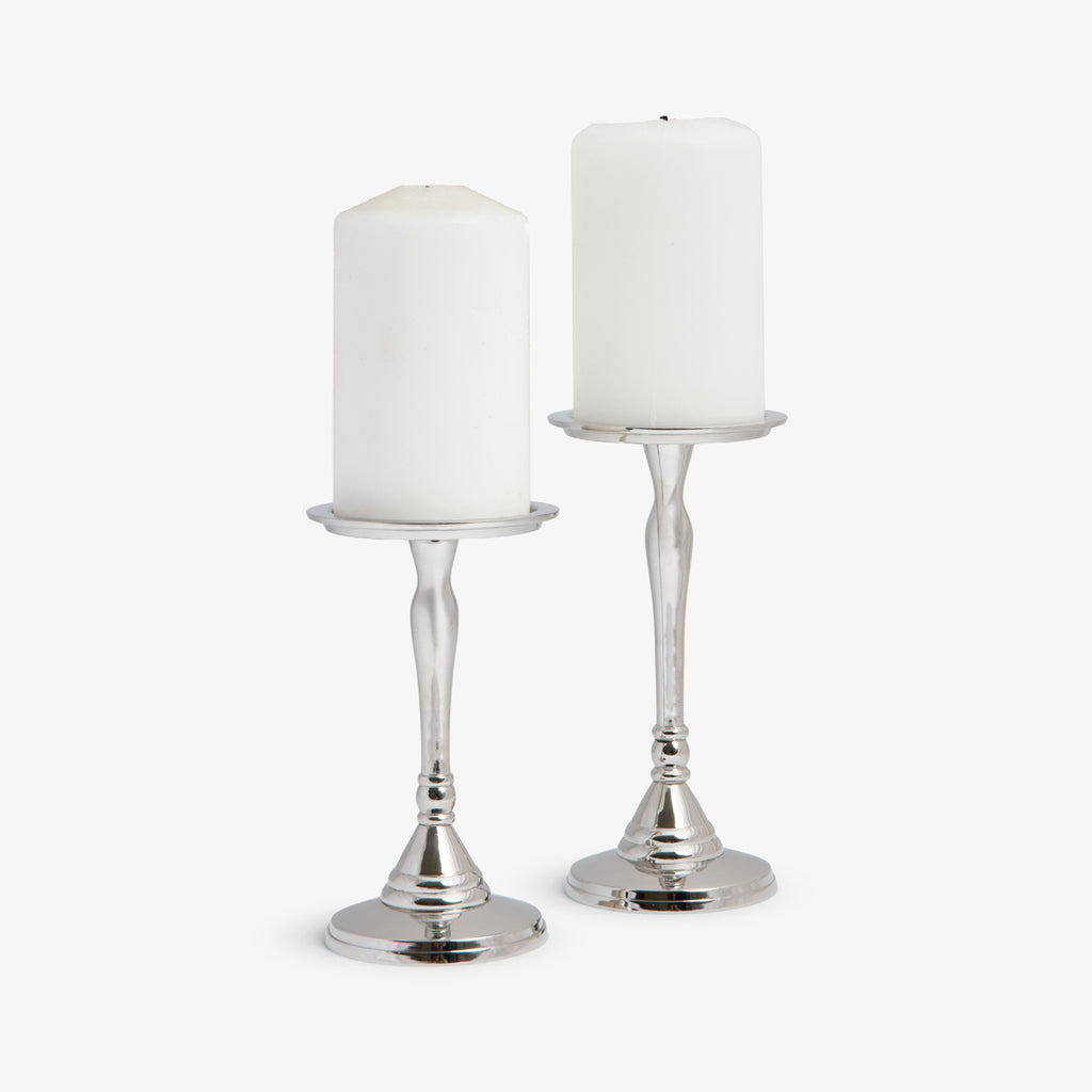 Metal Pillar Candle Holders (Silver) Front View with Candles