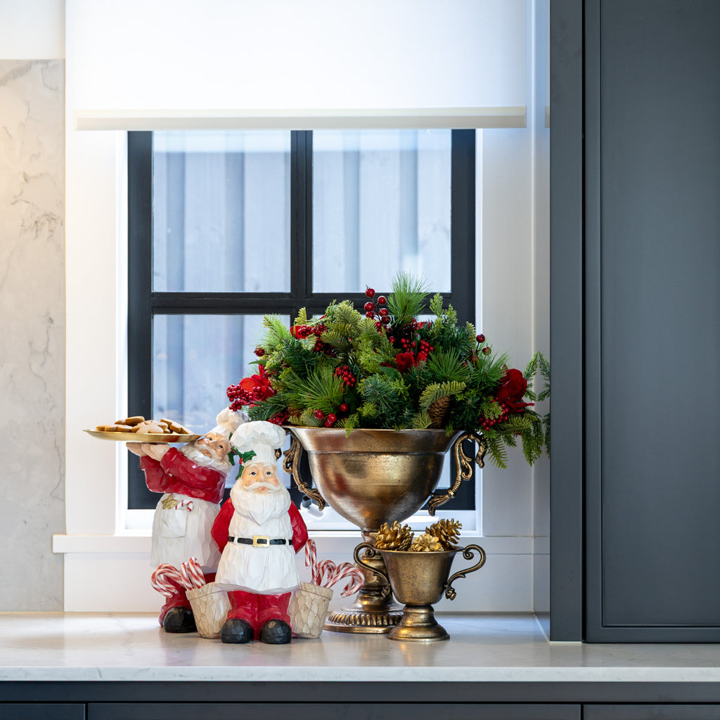 Metal Urns (Gold) Styled on Kitchen Counter with Santa Statues