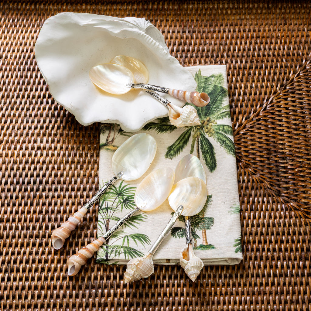 Mother Of Pearl Shell Spoons Styled with Napkin and Shell