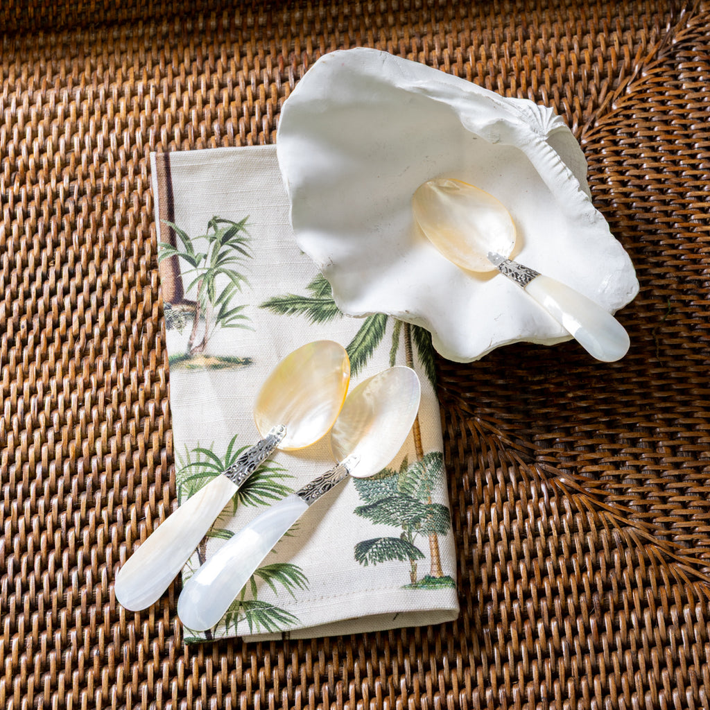 Mother Of Pearl Shell Spoons Styled with Napkin and Shell