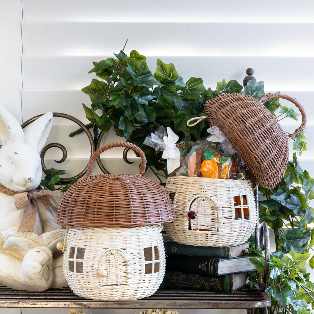 Mushroom Baskets Styled on Shelf with Carrots Inside