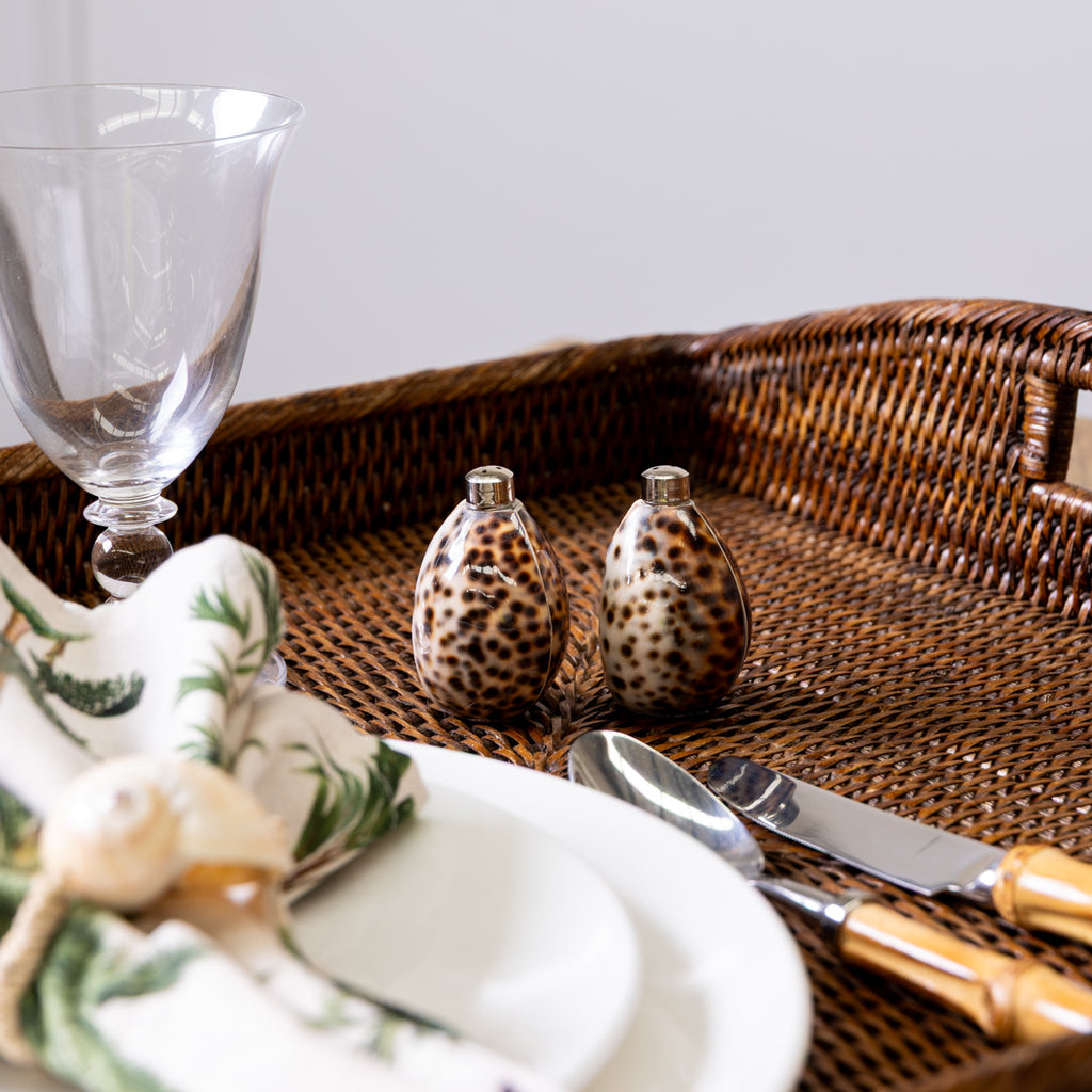 Cowrie Shell Salt & Pepper Shakers Styled on Rattan Tray
