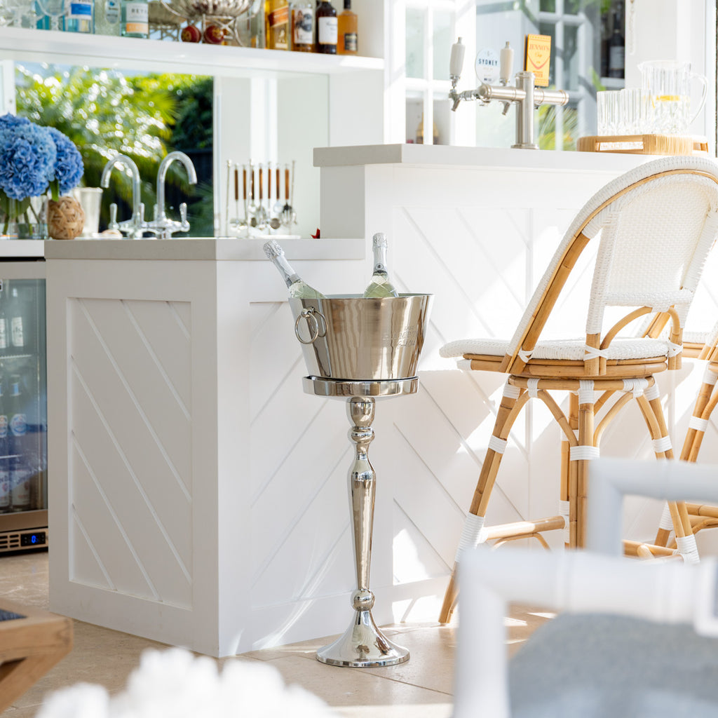 East Hampton Social Club Metal Ice Bucket On Stand Styled in Pool House next to Bar