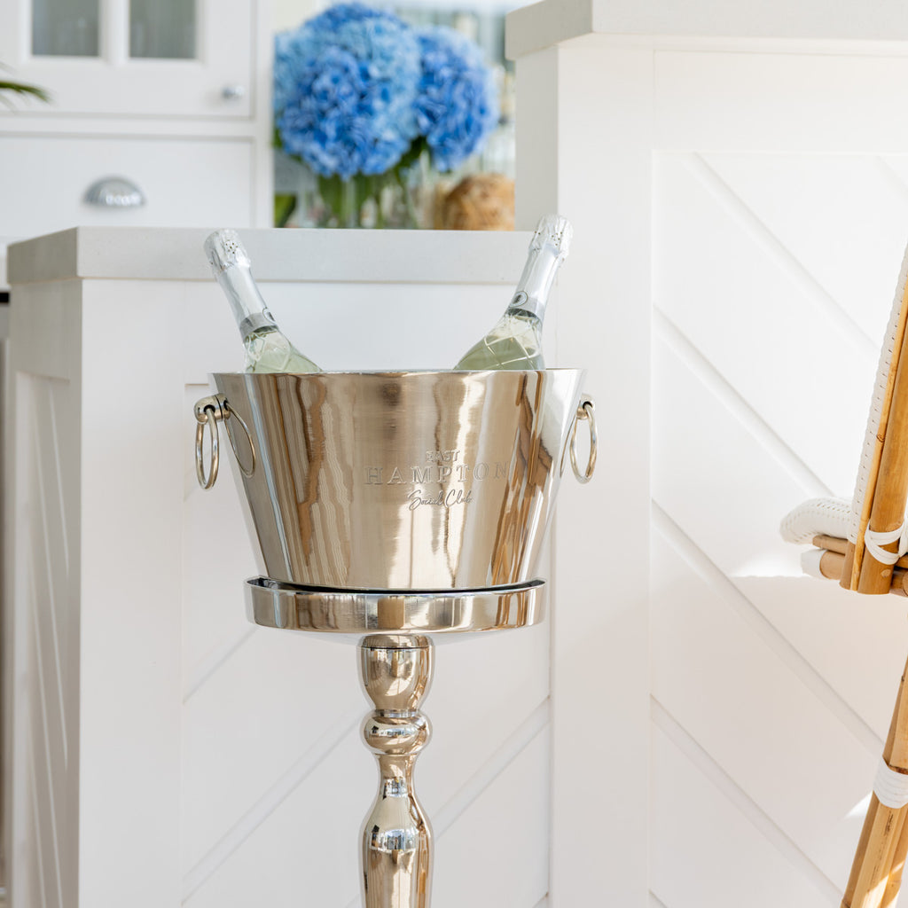 East Hampton Social Club Metal Ice Bucket On Stand Styled in Poolhouse