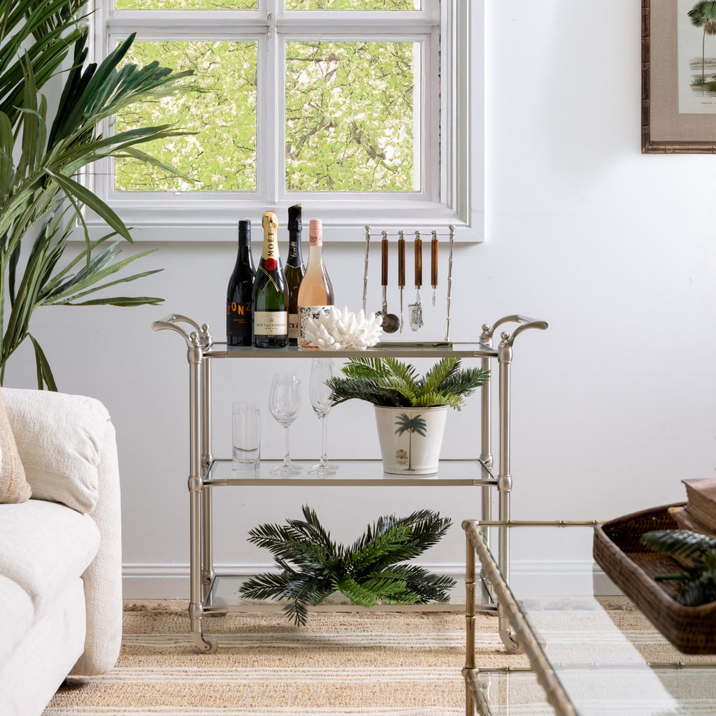 Regent Glass & Nickel Bar Cart Trolley Styled in Living Room with Greenery and Bar Set up