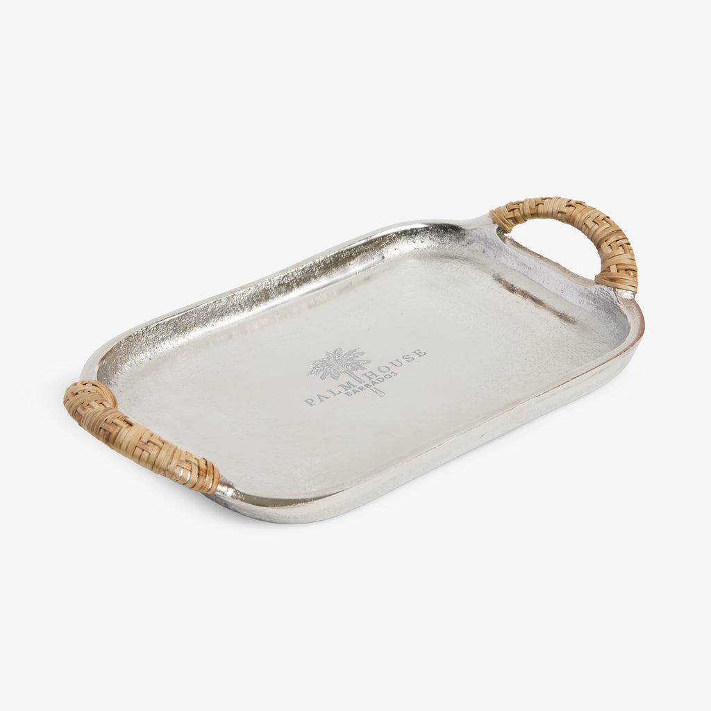 Palm House Metal Tray With Rattan Handles Top View