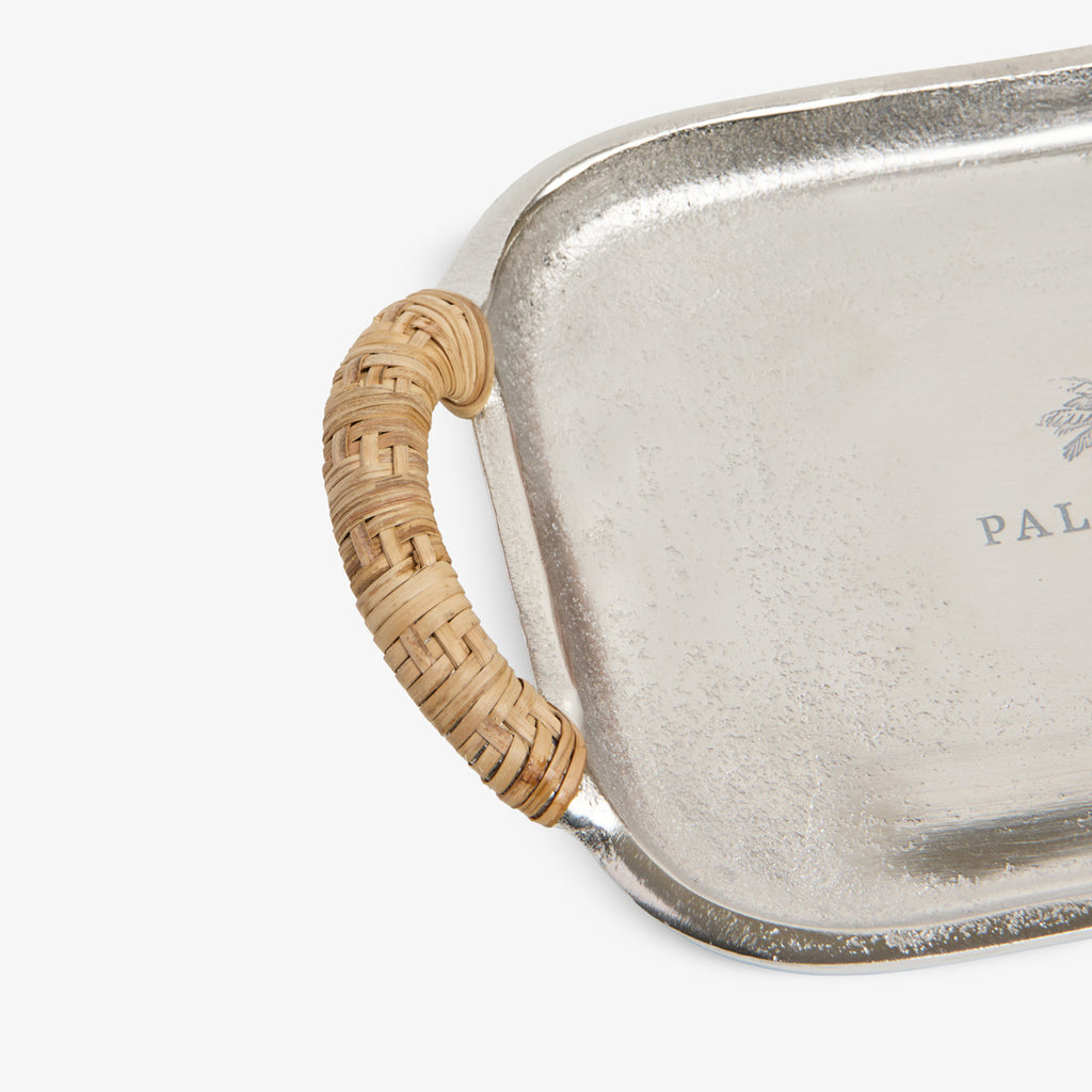 Palm House Metal Tray With Rattan Handles Close Up of Handle