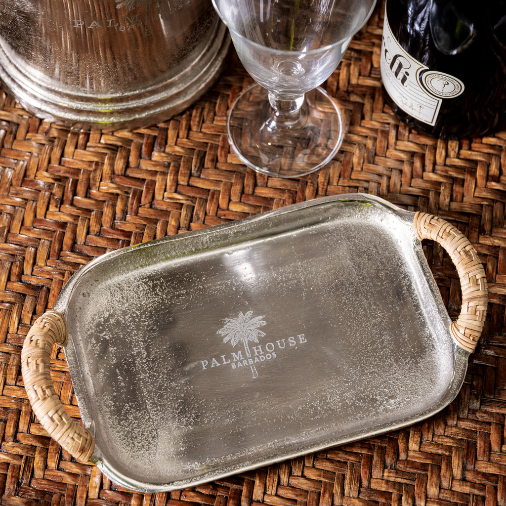 Palm House Metal Tray With Rattan Handles Styled on Rattan Tray