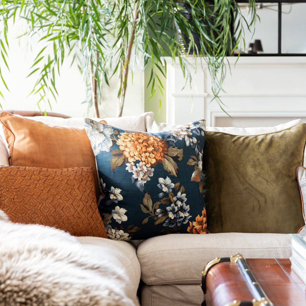 Night Garden Cushion Cover Styled on Sofa in Elm Meadow Living Room
