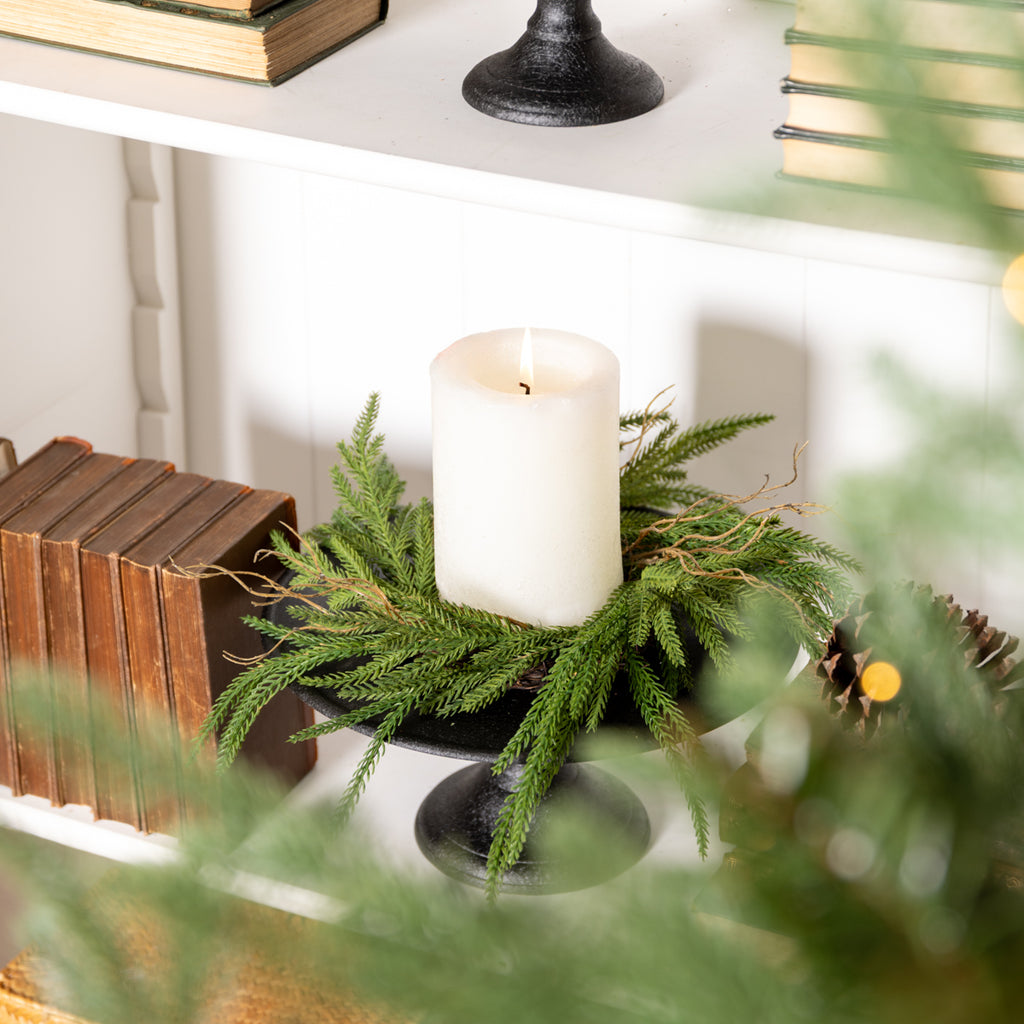 Norfolk Pine Candle Ring 30cm Styled on Bookcase with Candle