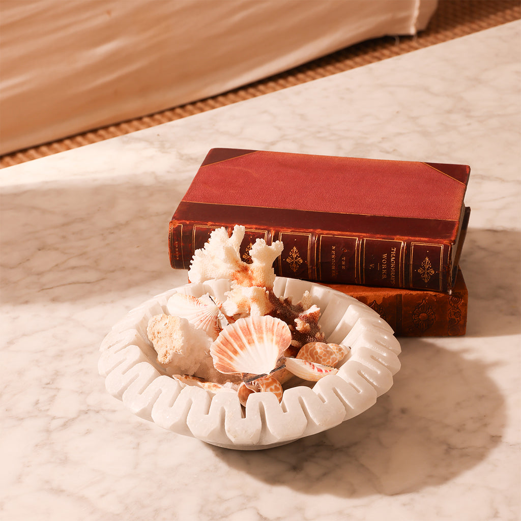 White Marble Bowl Styled on Coffee Table with Shells
