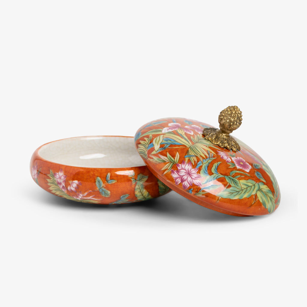 Orange Palm Round Box With Acorn Open Lid