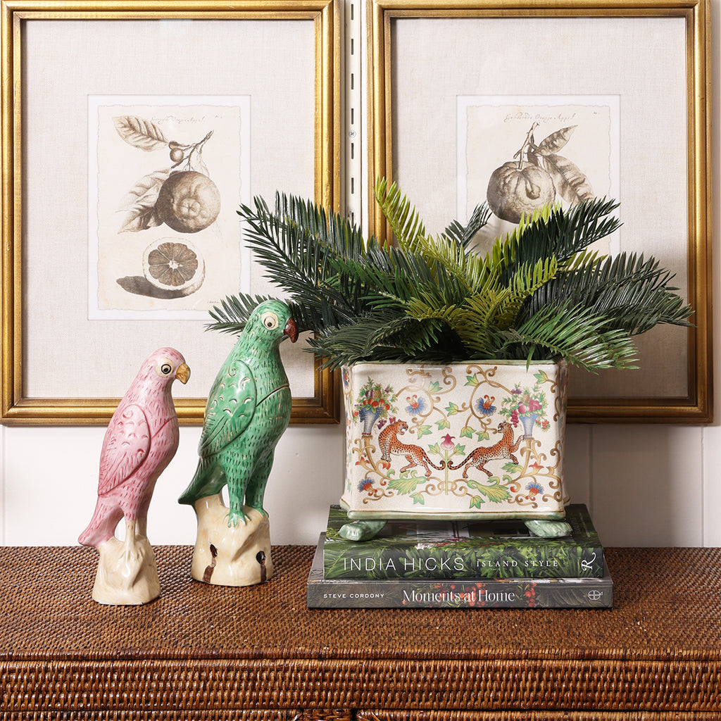 Orange Tiger Rectangle Planter Chinoiserie Style Styled on Ratan Sideboard
