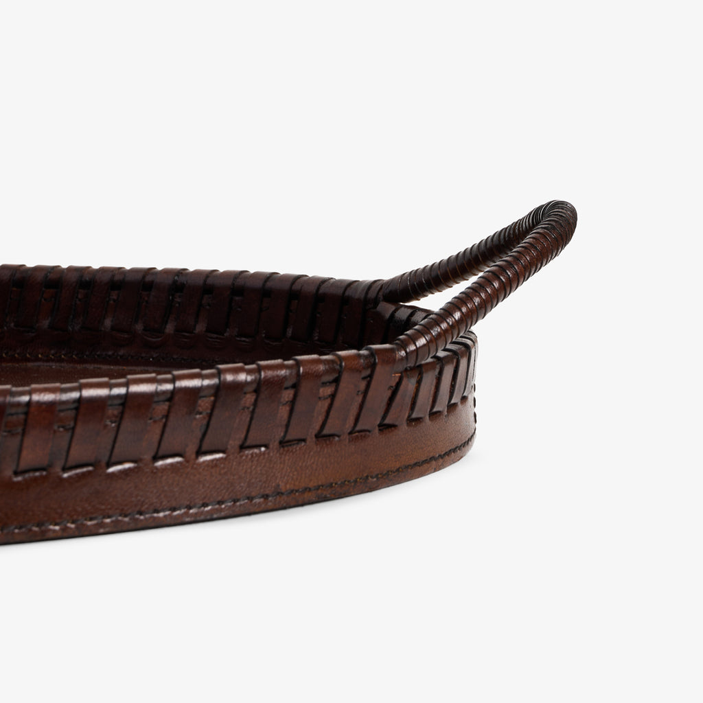 Oval Leather Tray Close Up of Handle