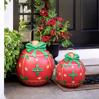 Oversized Bauble Ornament With Lights Styled in Doorway