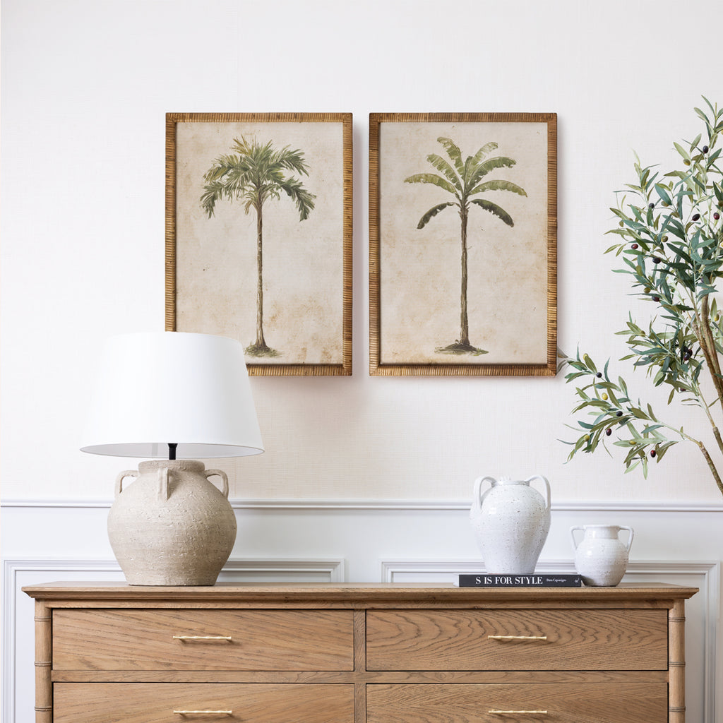 Palm Tree In Rattan Frame (Print B) Styled Above Chest with Lamp and Urns