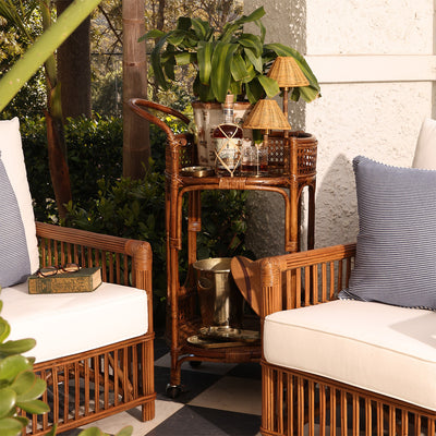 Panama Ratan Bar Cart Styled in Tropical Garden and Ratan Chairs