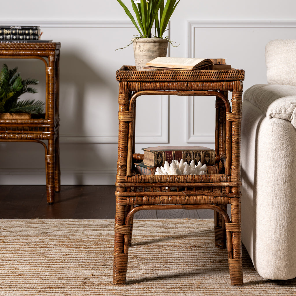 Panama Rattan Side Table (Brown) Styled next to Sofa 