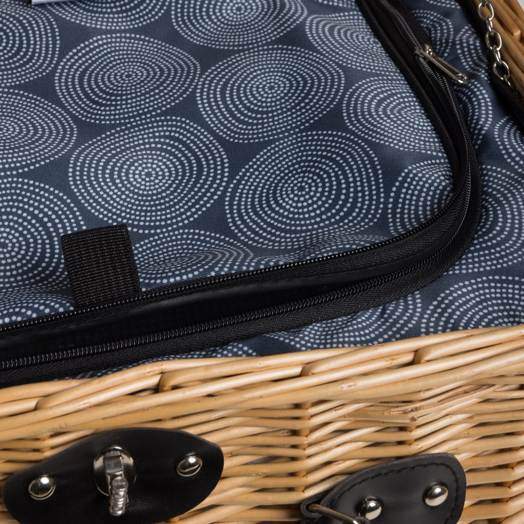 Inside of Picnic basket showing lining and zipper