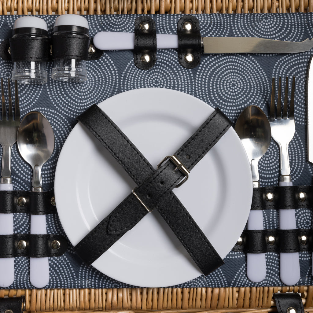 picnic set contained in lid of basket