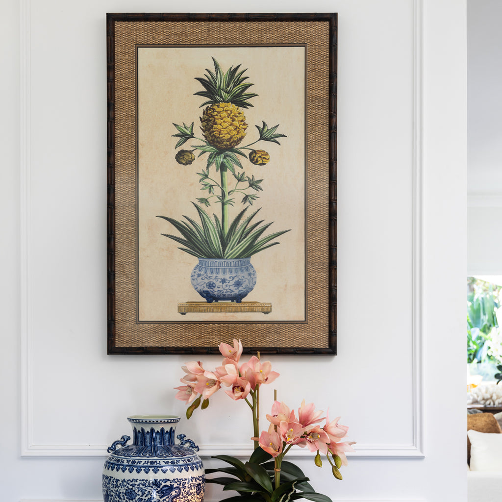 Pineapple Print Artwork Brown Rattan Frame Double Bud Styled