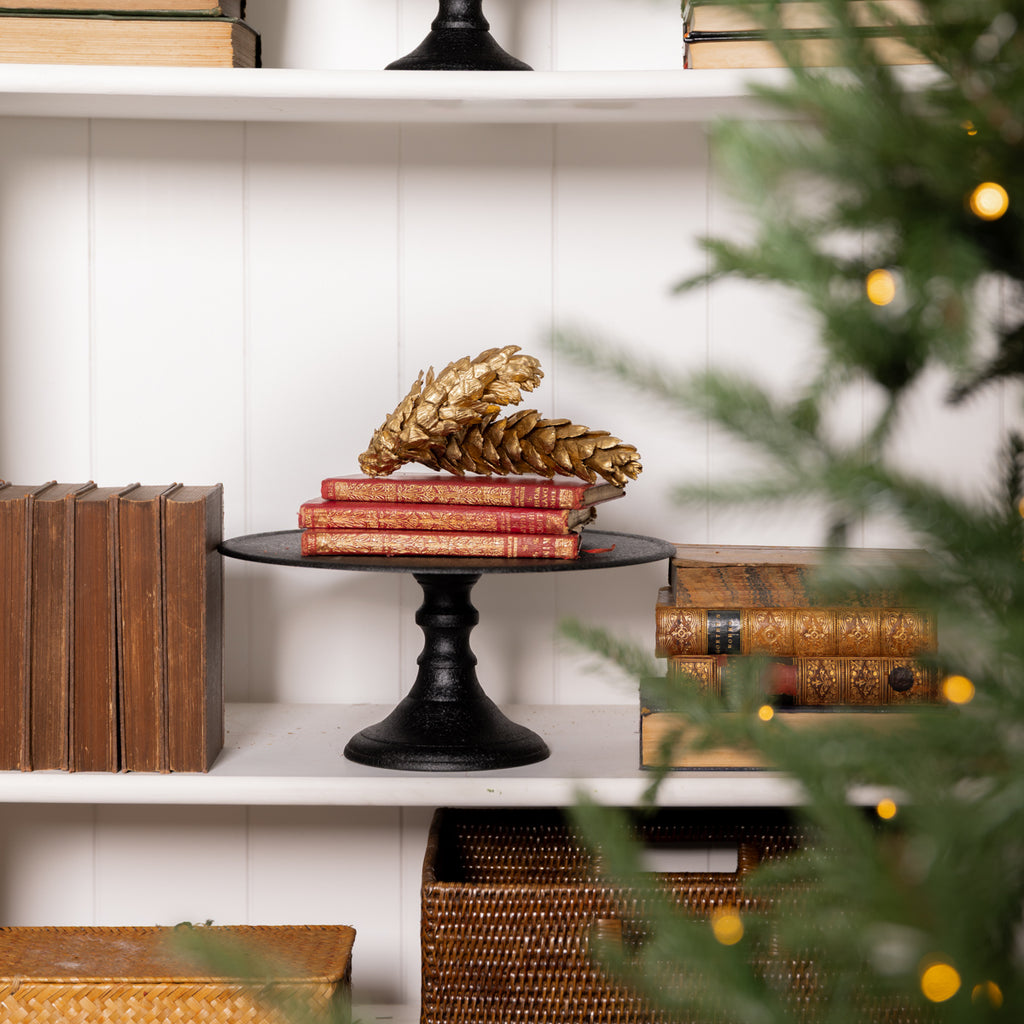 Pine Cones In Box Large (Gold) Styled on Bookcase with Christmas Tree in Foreground