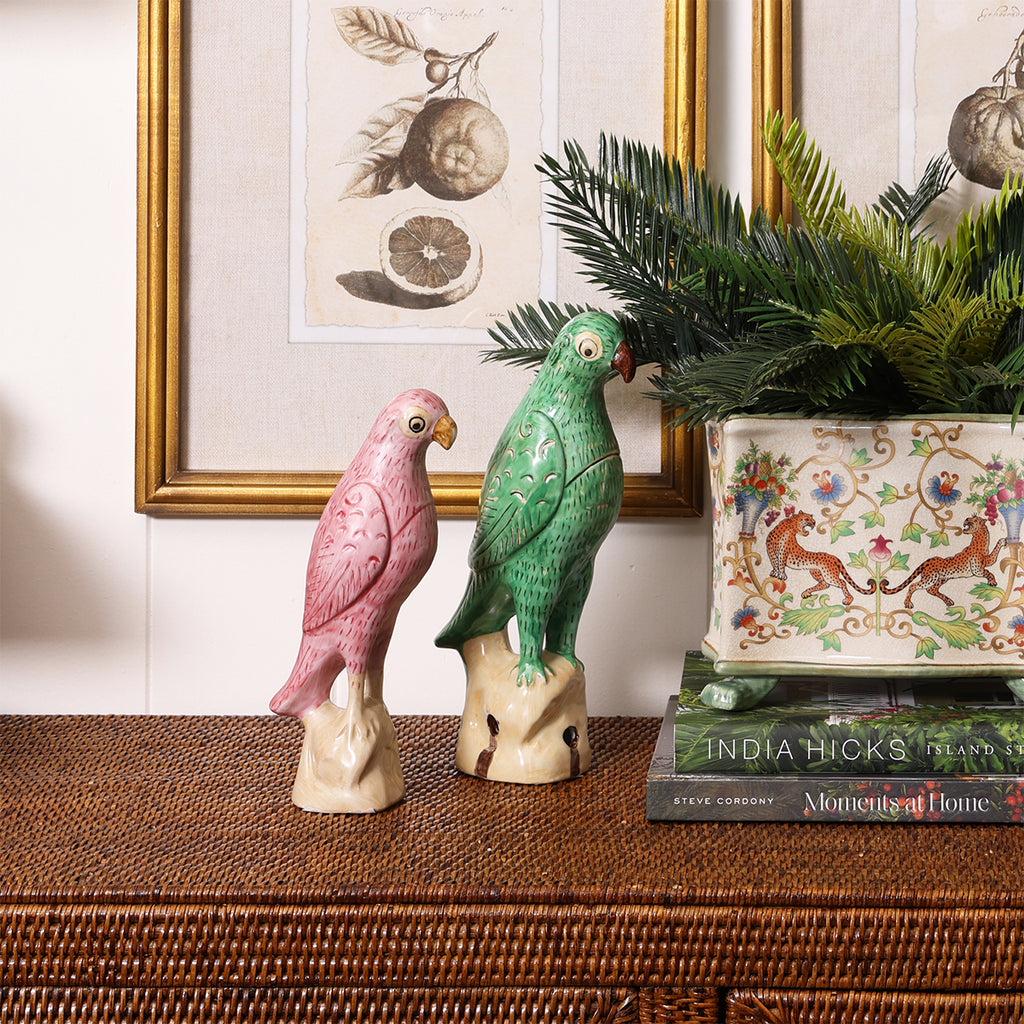 Ceramic Pink Parrot Statue Styled With Ratan Buffet and Decorative Items