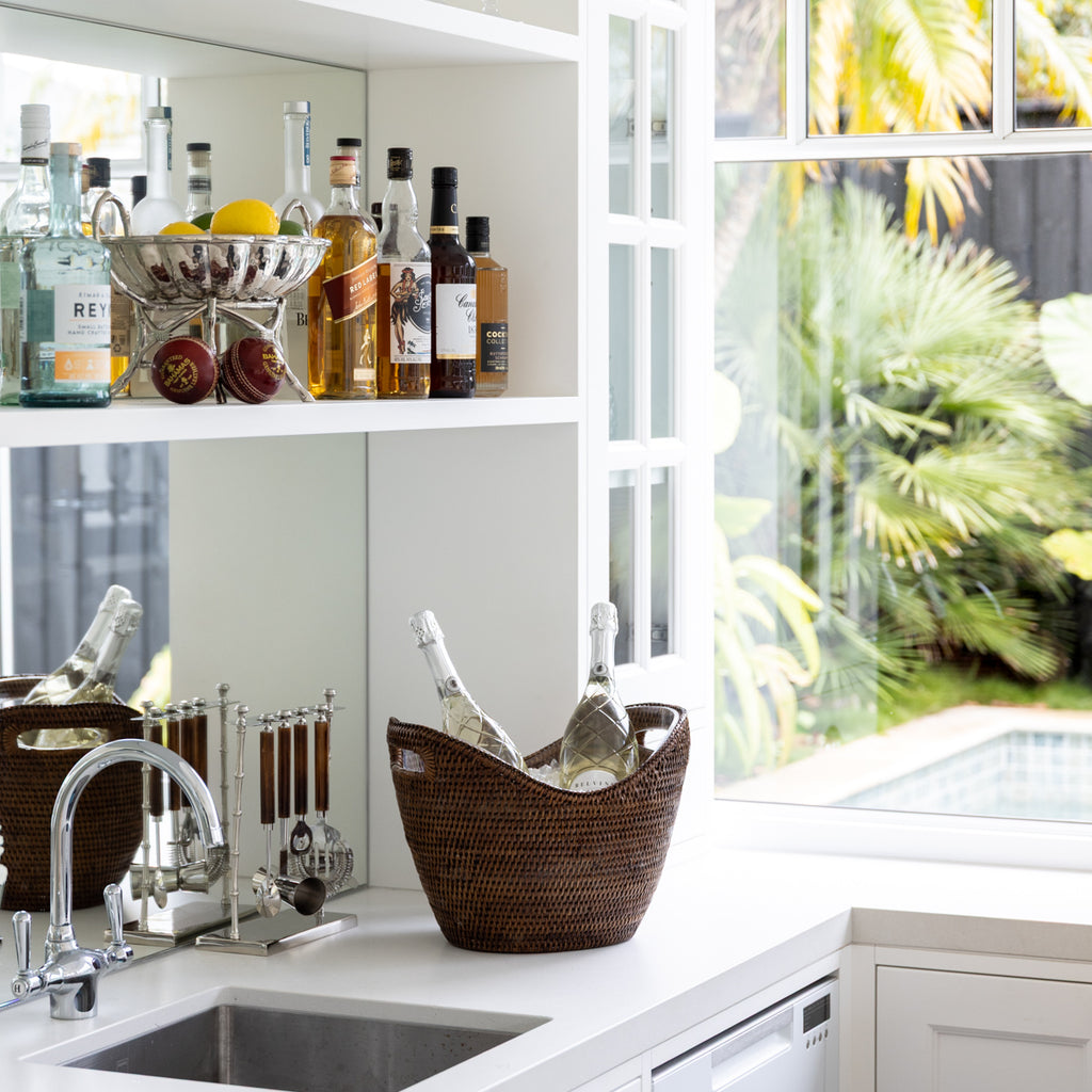 Rattan Champagne Bucket Oval Brown Styled on Bar with Champagne