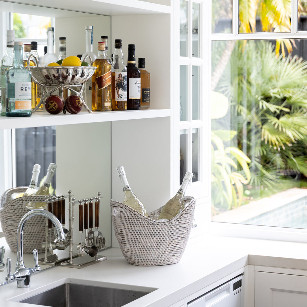 Rattan Champagne Bucket Oval White Styled on Bar with Champagne