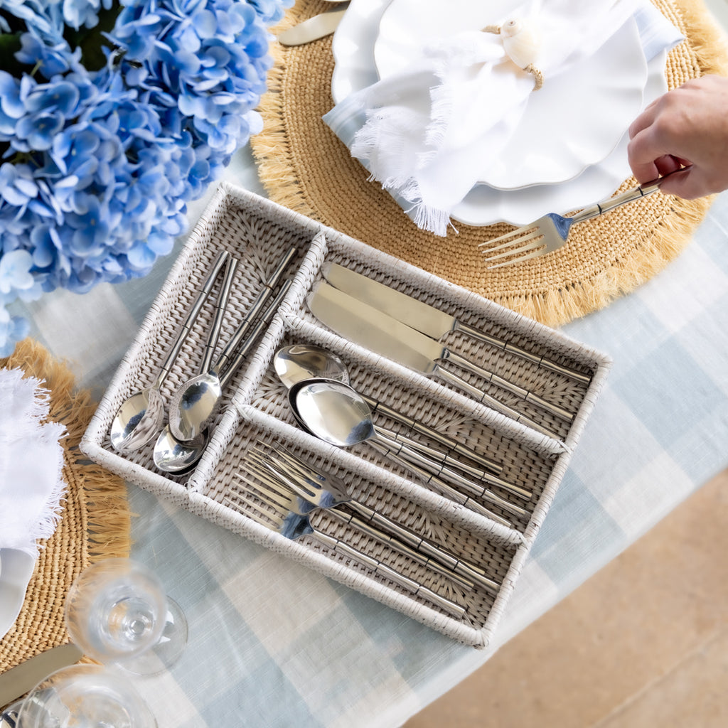 Rattan Cutlery Tray White Styled on Dining table with Cutlery