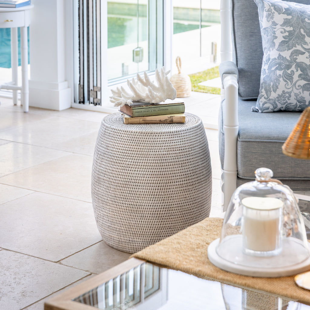 Rattan Drum Stool White Styled in Poolhouse
