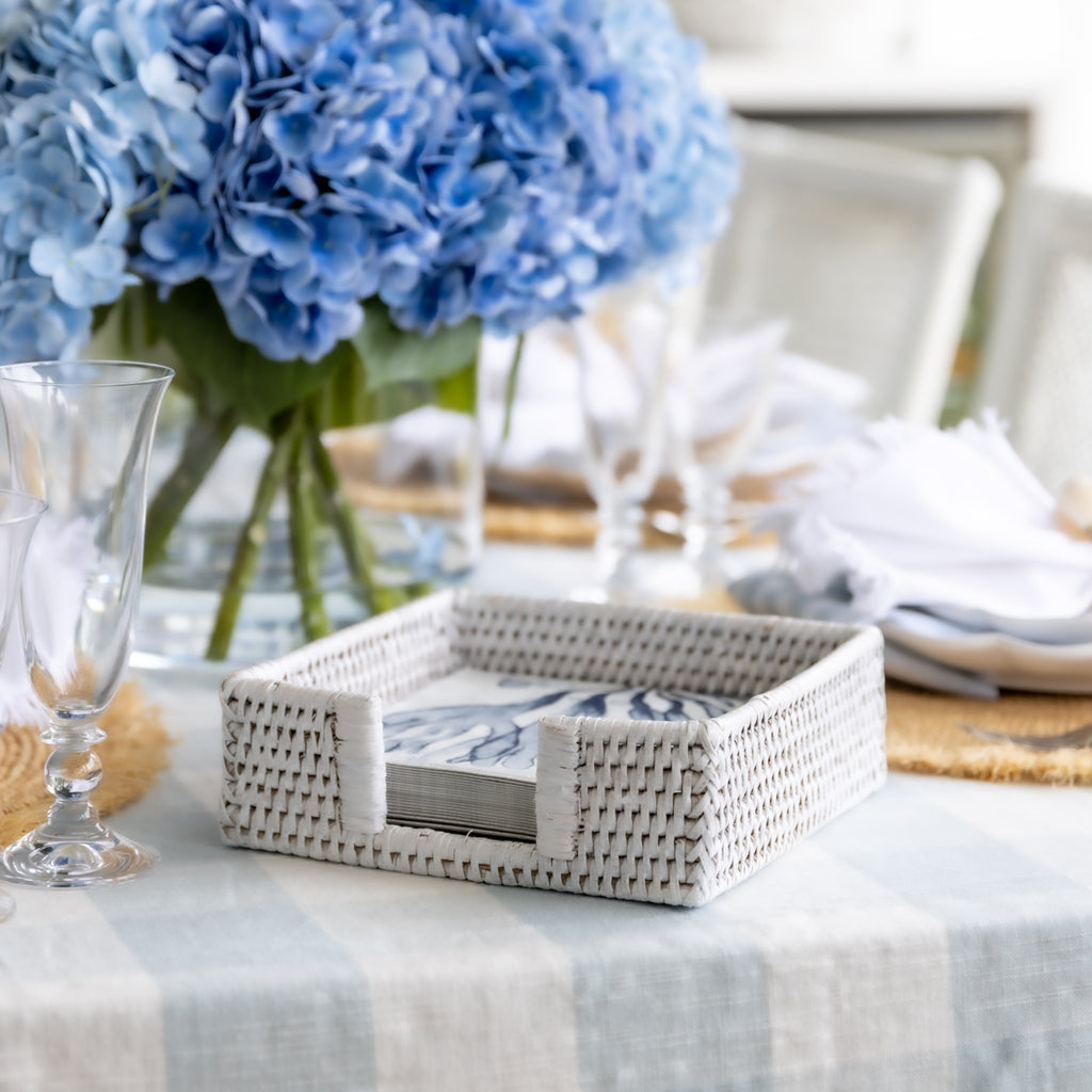 Rattan Napkin Holder White Styled on Dining Table with Napkins