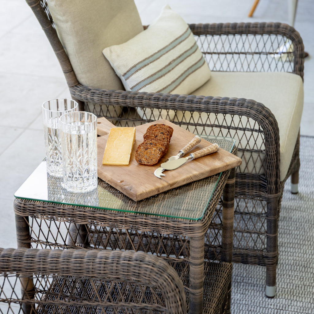 Rattan Pate & Cheese Knives Styled on Outdoor Side Table with Cheese and Crackers