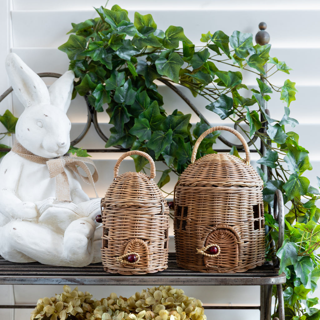 Rattan Round Basket with Lid | Woven Storage Basket Styled on Shelf with Bunny 