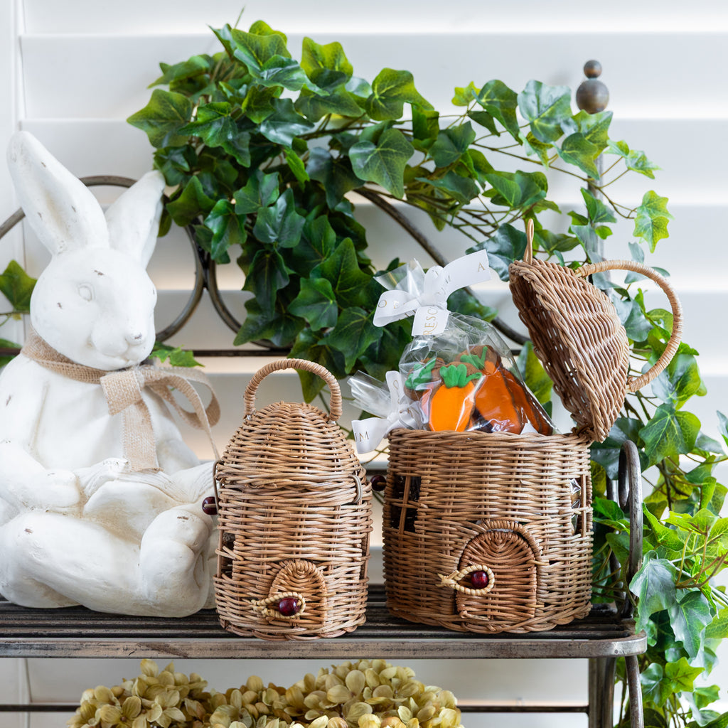 Rattan Round Basket with Lid | Woven Storage Basket Styled on Shelf with Bunny and Carrots Inside