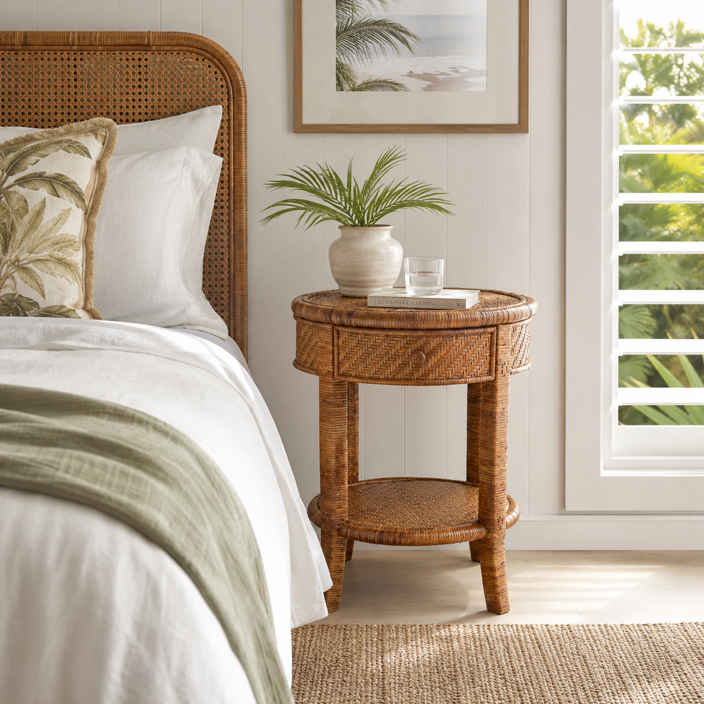 A natural woven rattan bedside table with a single drawer and lower shelf, styled in a bright bedroom next to a bed with white linens and a green throw blanket.